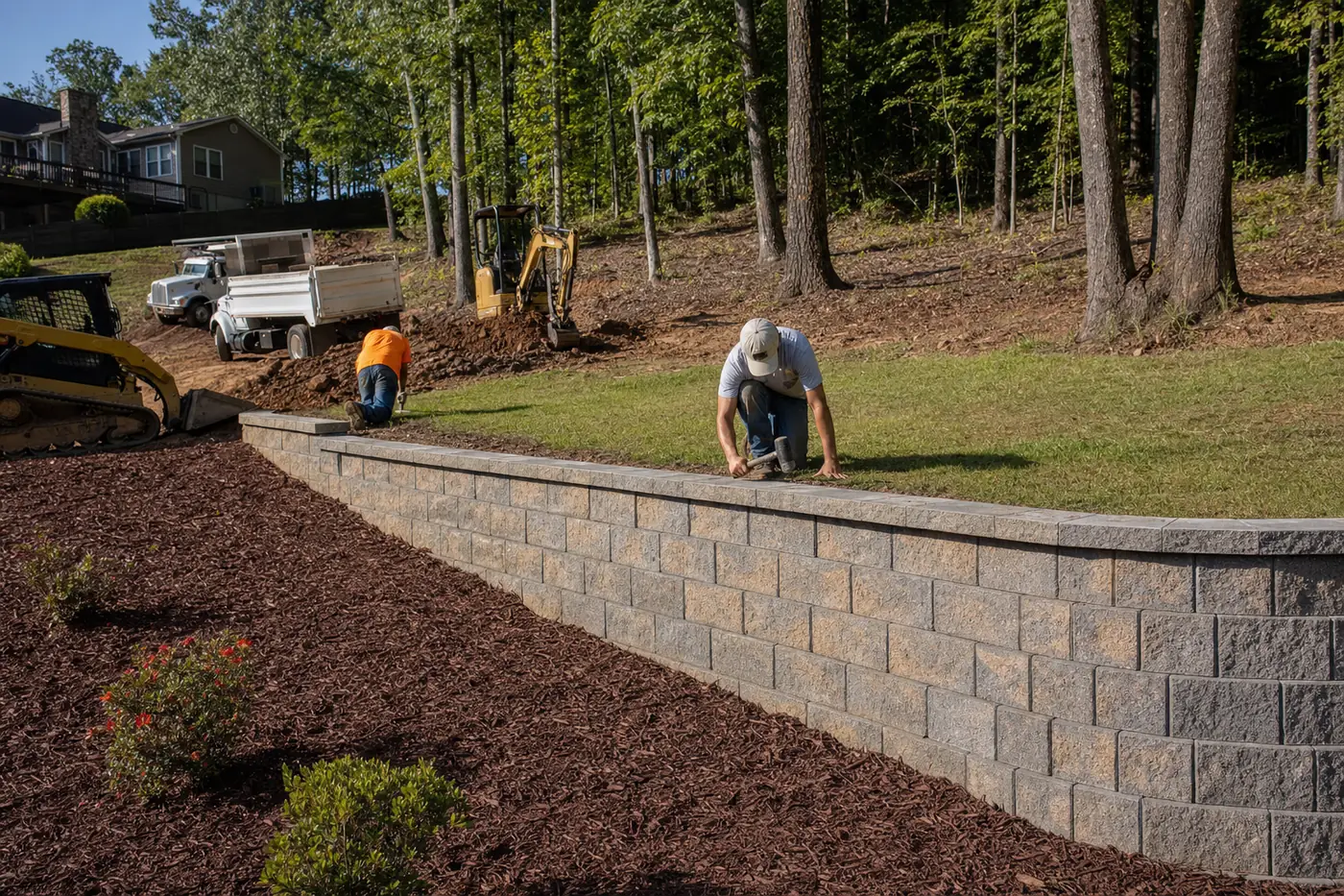 Stacked block retaining wall holding a slope in an East Tennessee back yard